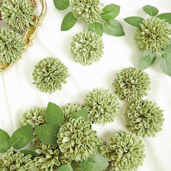 Artificial Flowers, 25pcs Artificial Rose for DIY Wedding Bouquets Centerpieces Arrangements, Elf Green and White Dahlia Flowers with Stem for Bridal Shower Party Home Decorations