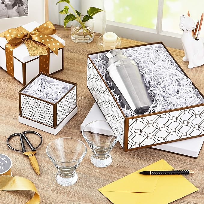 Hallmark Nested Gift Boxes with Lids and Fill (Set of 3, White and Gold, Assorted Sizes) for Weddings, Bridal Showers, Bridesmaids, Christmas, Hanukkah, Birthdays, Valentine's Day