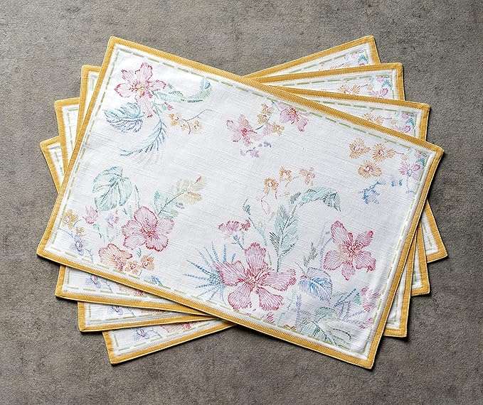 Maison d' Hermine Placemats Set of 4 100% Cotton Washable Cloth Place Mats, Reusable Table Mats for Kitchen Dining Decoration, Party, Wedding, Restaurant Spring/Summer (Paradise Island, 13" x 19")