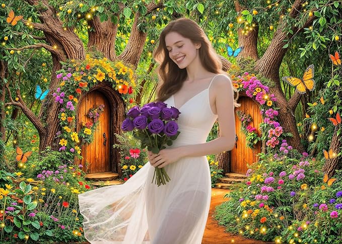 15X10ft Enchanted Forest Backdrop Fairy Tale Green Garden Wonderland Tree House Floral Butterfly Background for Kids Girl Baby Shower Birthday Party Decoration Banner Cake Table Photo Booth Props