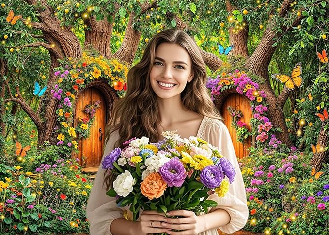 15X10ft Enchanted Forest Backdrop Fairy Tale Green Garden Wonderland Tree House Floral Butterfly Background for Kids Girl Baby Shower Birthday Party Decoration Banner Cake Table Photo Booth Props